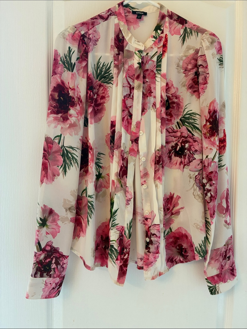 Express Floral Tie-Neck Blouse in Pink and Cream